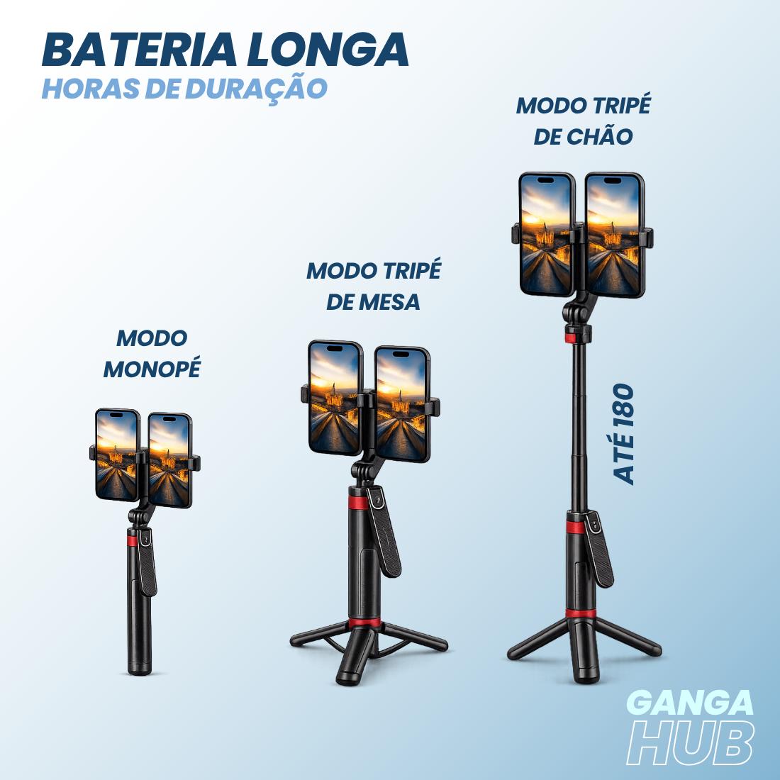 Bastão Selfie Tripé Suporte Duplo Creator Duo 180 para 2 Celulares Bluetooth com Controle Remoto e Bateria Recarregavel