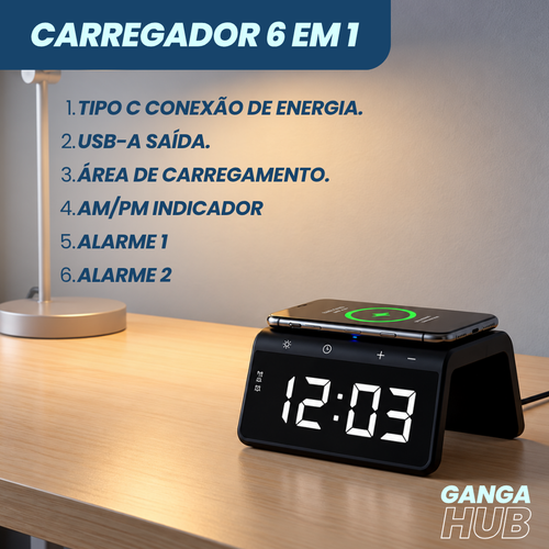Base Carregador por Indução com Relógio Despertador e Luz RGB