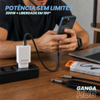 Kit Carregador Turbo 200W + Cabo USB-C 180° Reforçado para Carregamento Rápido