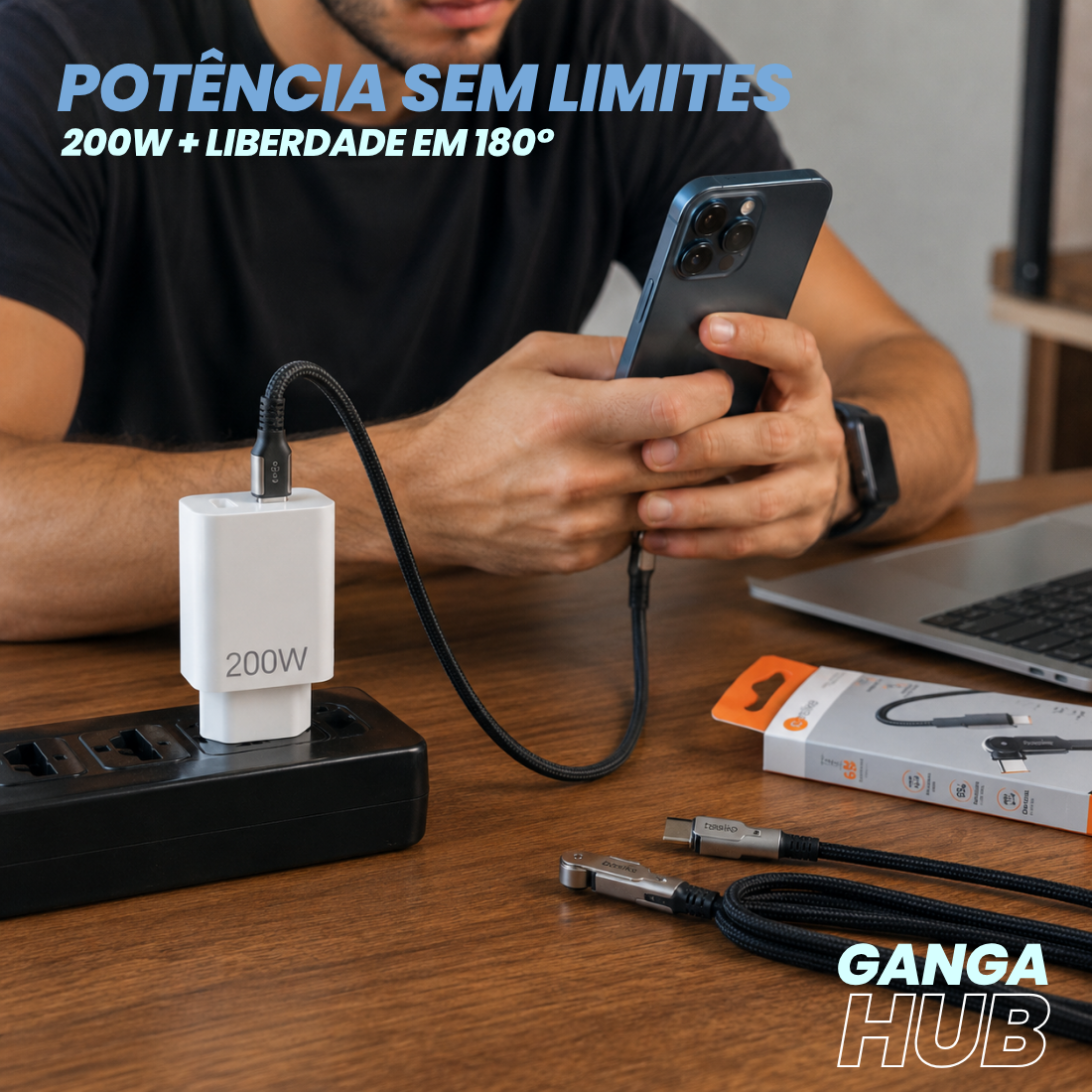 Kit Carregador Turbo 200W + Cabo USB-C 180° Reforçado para Carregamento Rápido