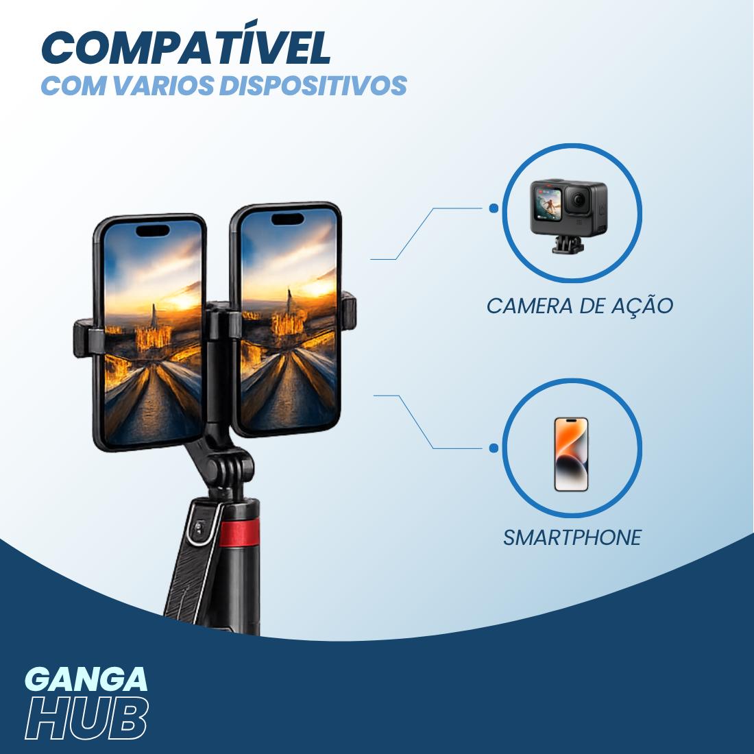 Bastão Selfie Tripé Suporte Duplo Creator Duo 180 para 2 Celulares Bluetooth com Controle Remoto e Bateria Recarregavel