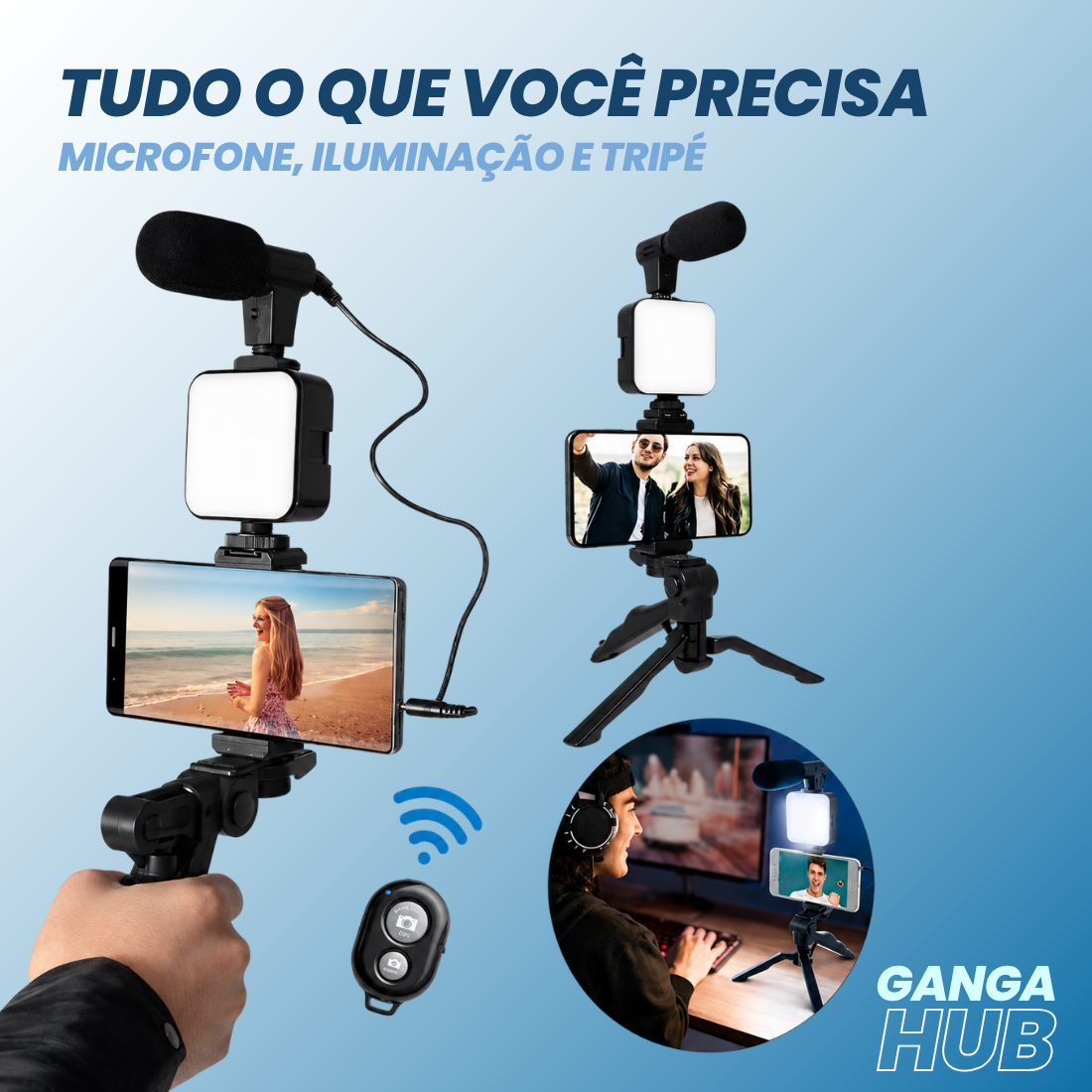 Suporte Estabilizador de Celular para Gravação com Microfone Shotgun e Luz LED
