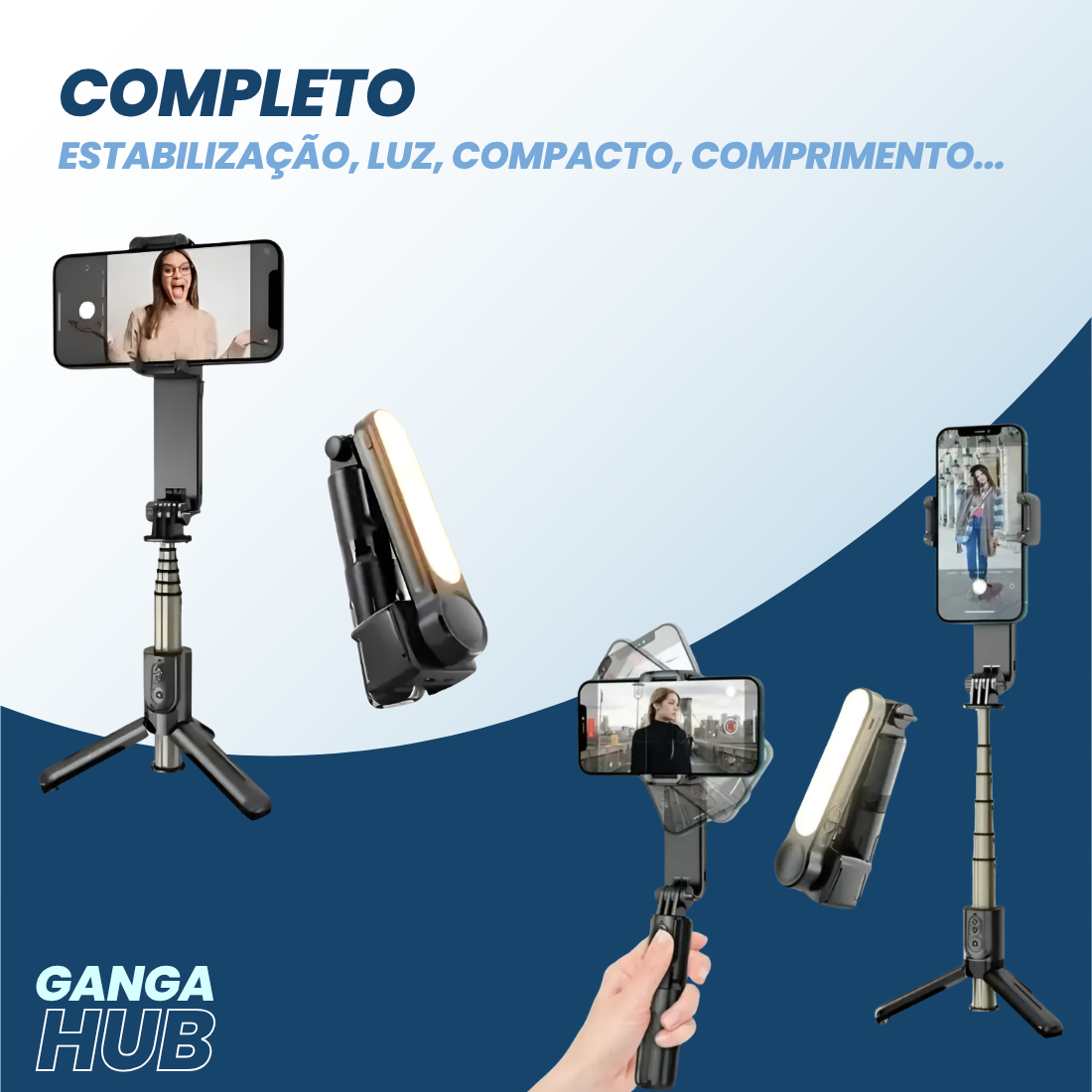 Mini Gimbal Tripé com Luz Embutida Estabilização e 70cm para Vlogs e Selfies