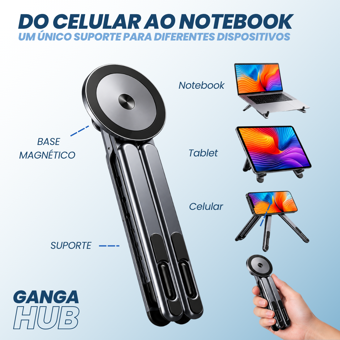 SUPORTE MAGNÉTICO DOBRÁVEL NOTEBOOK TABLET CELULAR ERGONÔMICO