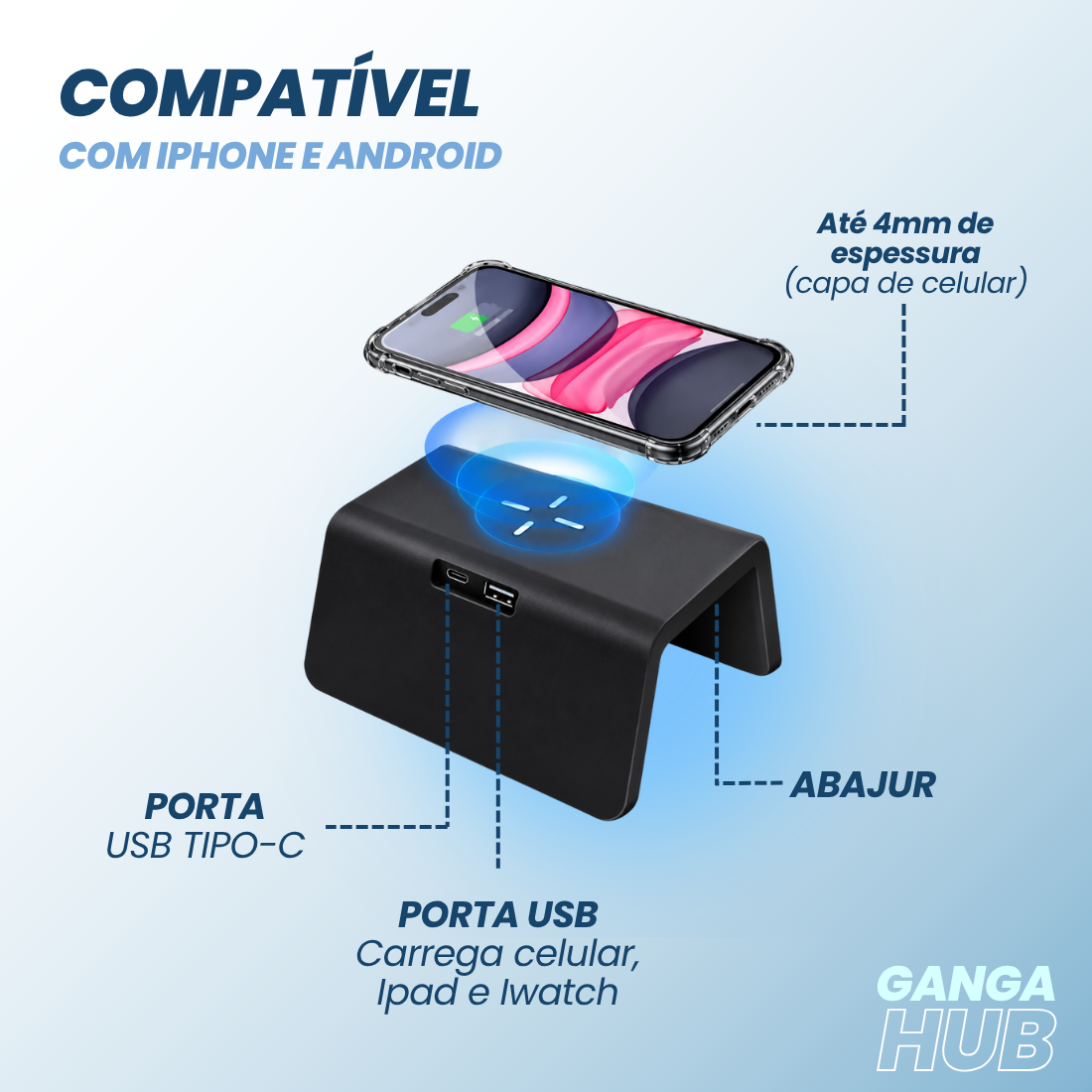 Base Carregador por Indução com Relógio Despertador e Luz RGB