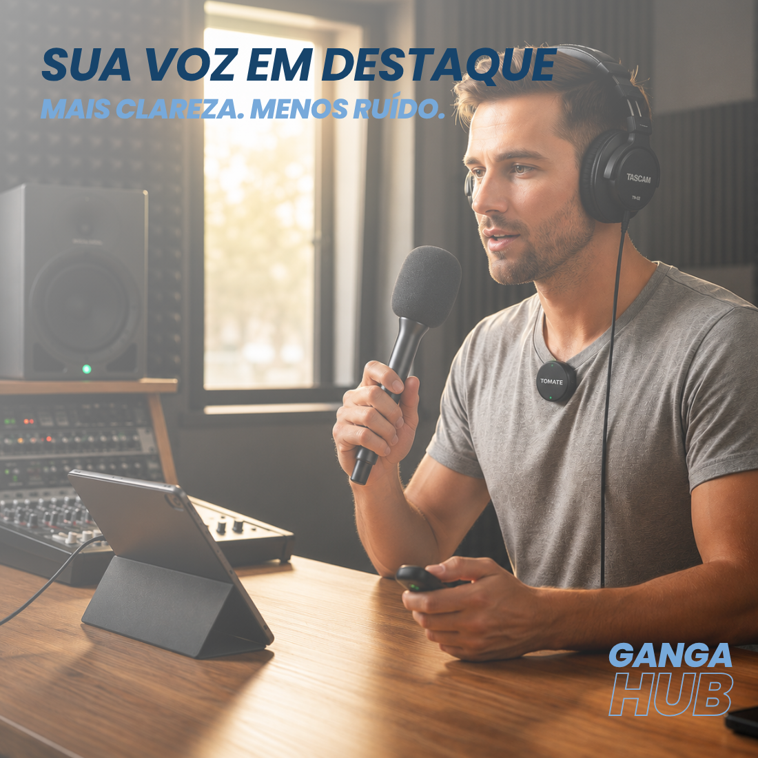 Kit VoicePro – Microfone de Lapela Sem Fio USB-C + Anti-Puff com Suporte de Mão para Gravações, Lives e Vídeos