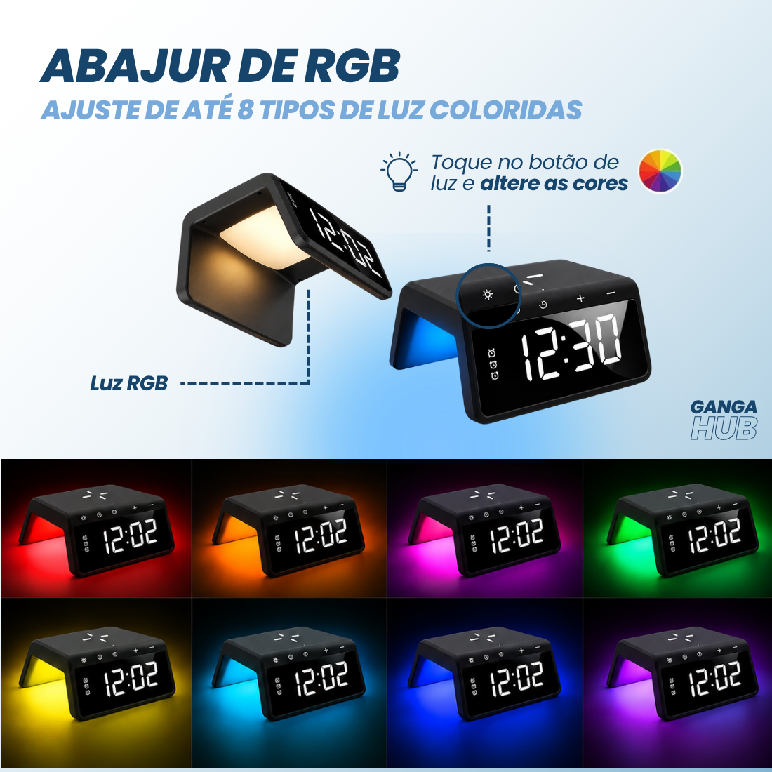 Base Carregador por Indução com Relógio Despertador e Luz RGB