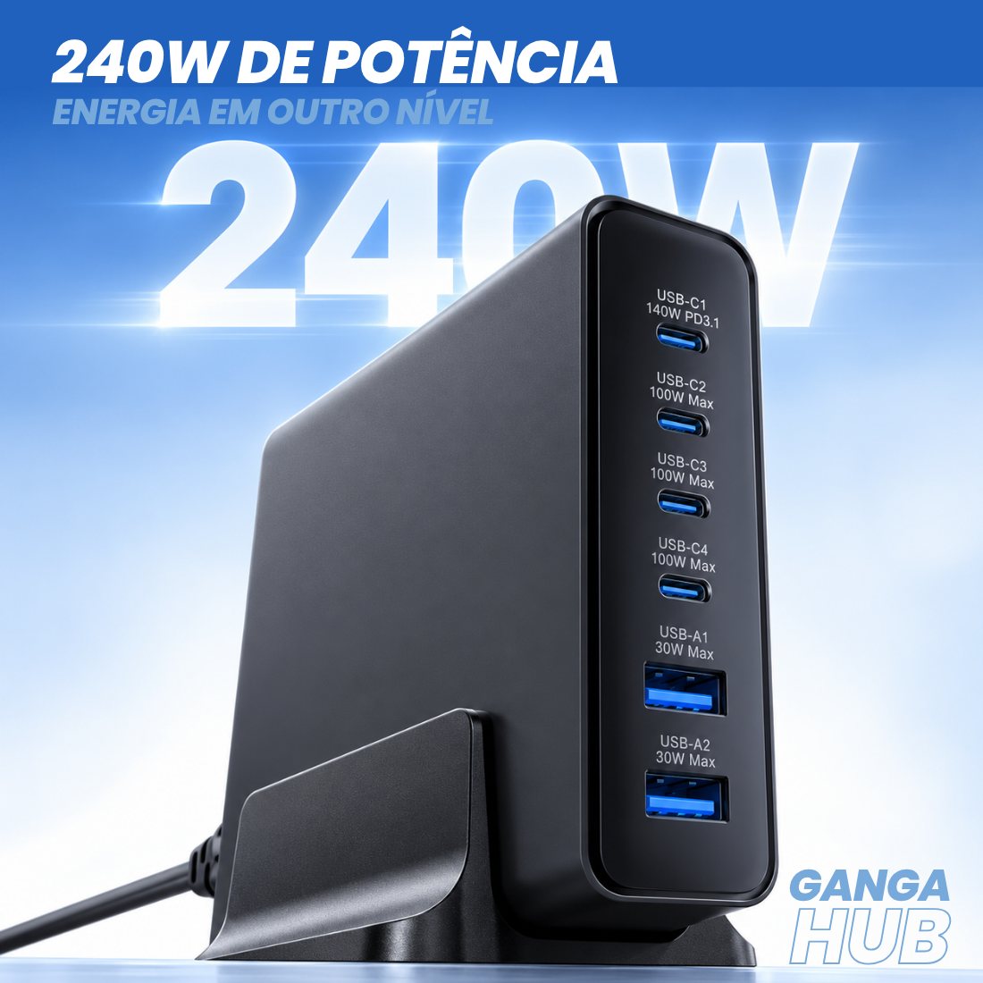 Carregador Turbo 240W 6 ENTRADAS CARREGAMENTO RÁPIDO TIPO-C USB