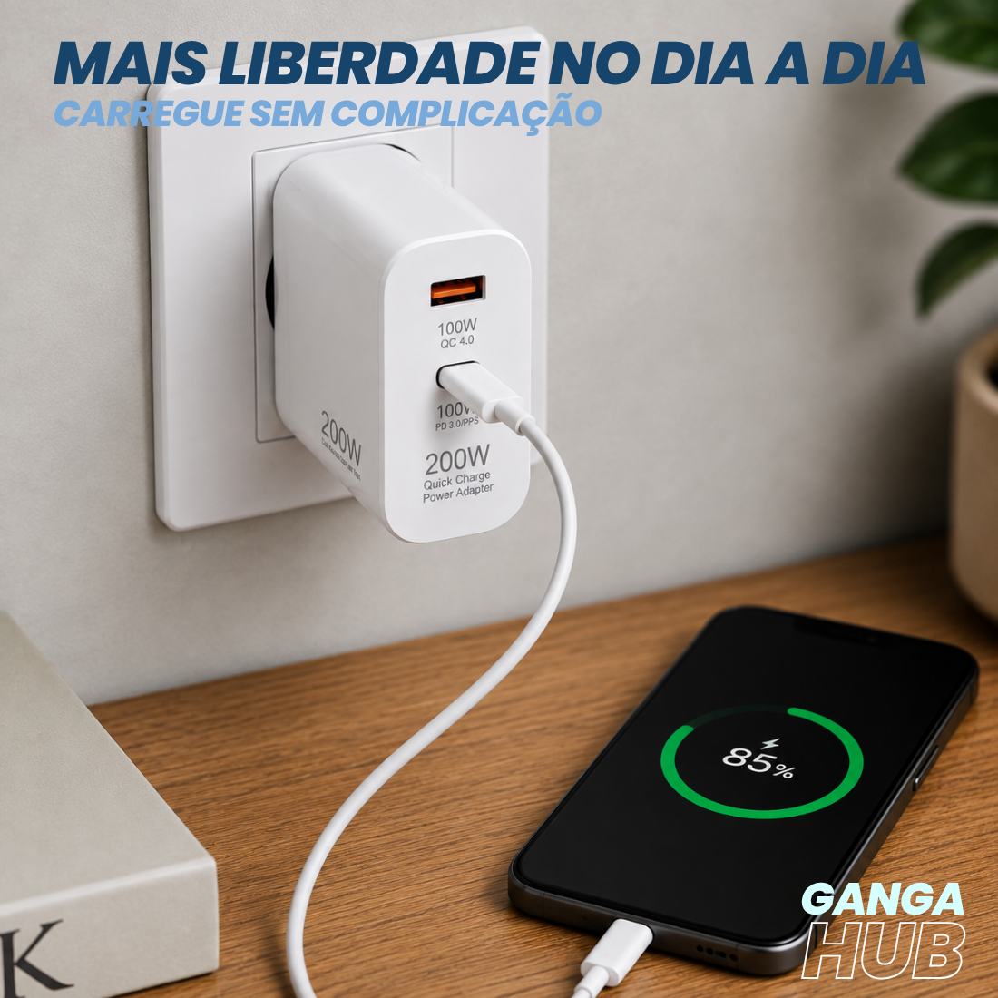 Kit Carregador Turbo 200W + Cabo USB-C 180° Reforçado para Carregamento Rápido