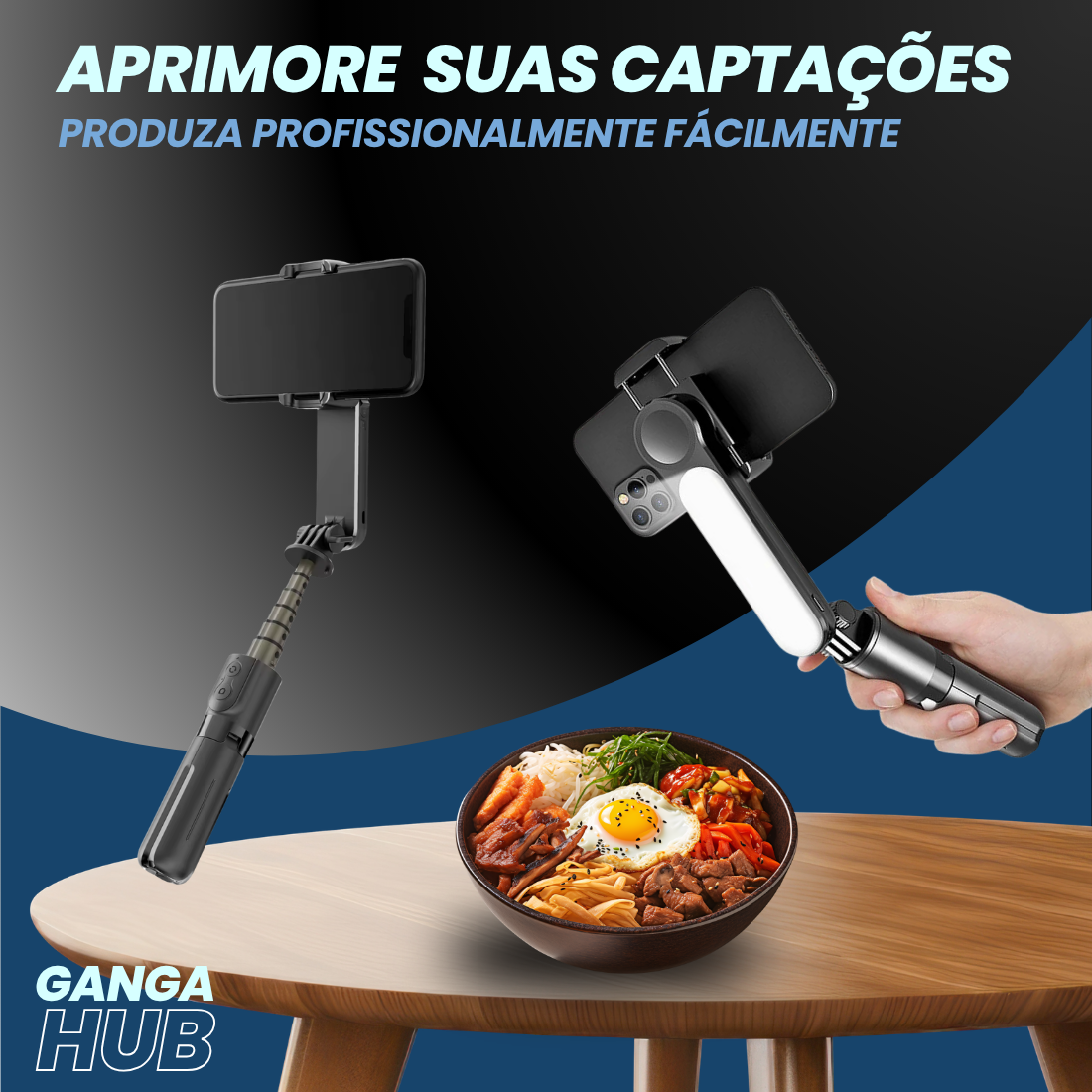 Mini Gimbal Tripé com Luz Embutida Estabilização e 70cm para Vlogs e Selfies