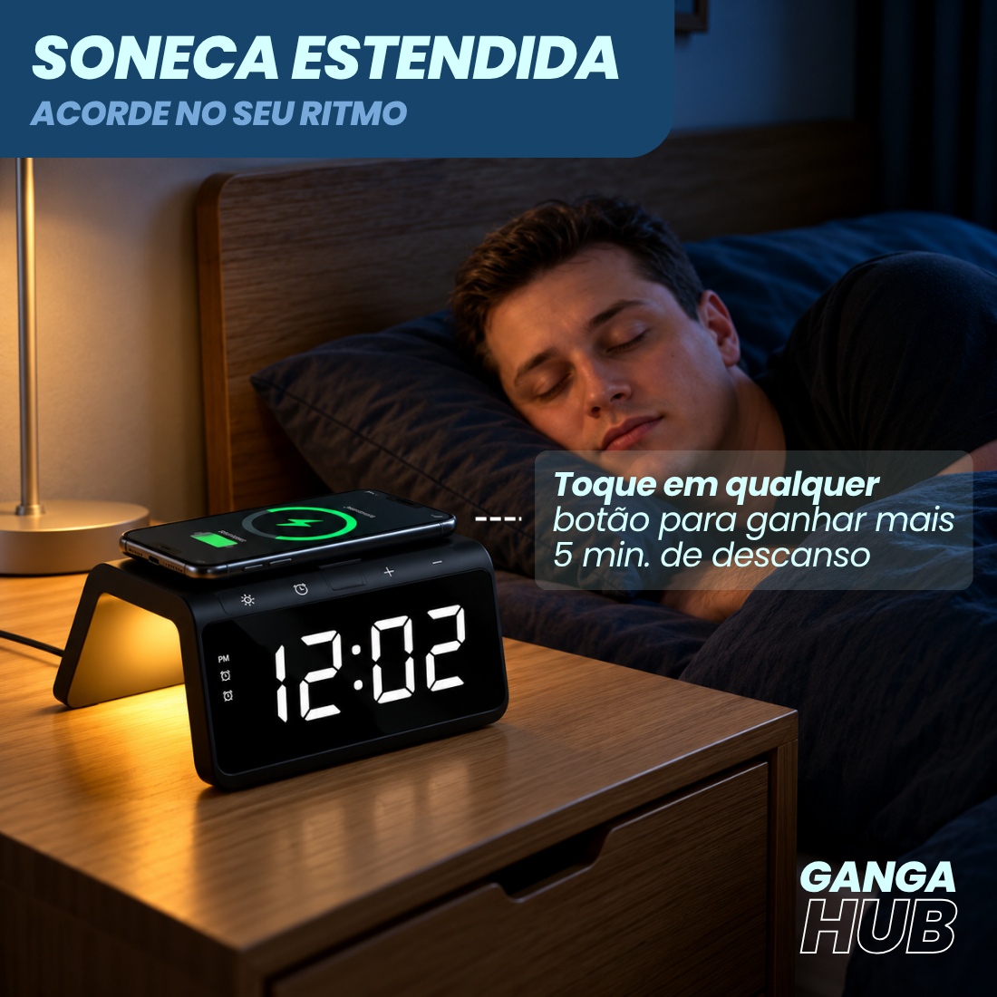 Base Carregador por Indução com Relógio Despertador e Luz RGB