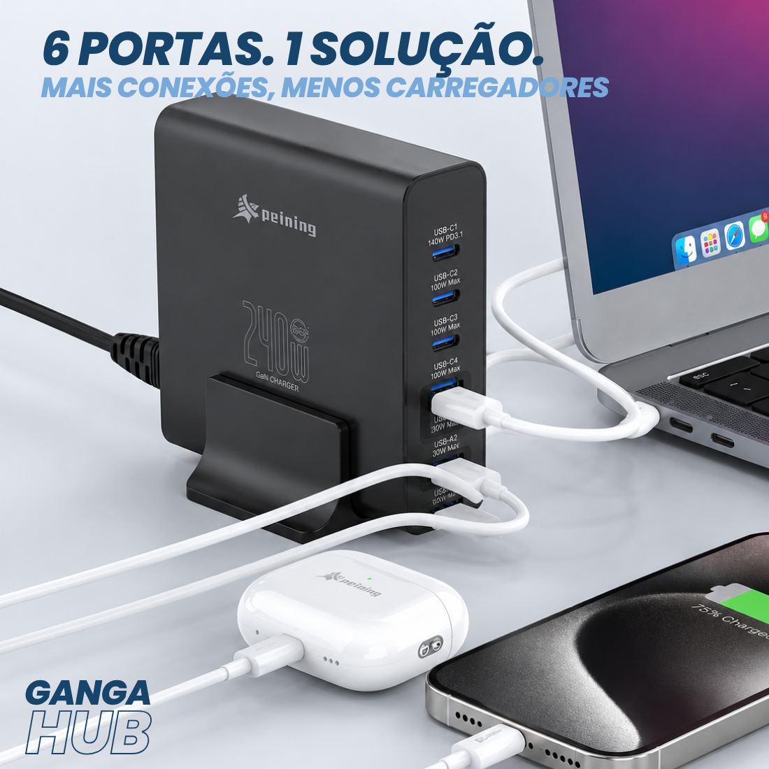 Carregador Turbo 240W 6 ENTRADAS CARREGAMENTO RÁPIDO TIPO-C USB