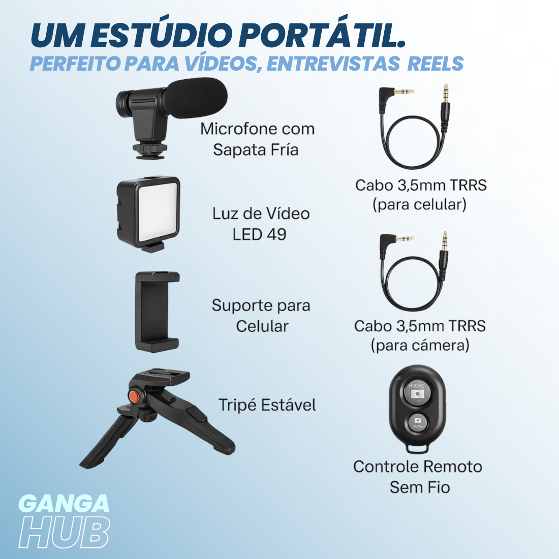 Suporte Estabilizador de Celular para Gravação com Microfone Shotgun e Luz LED