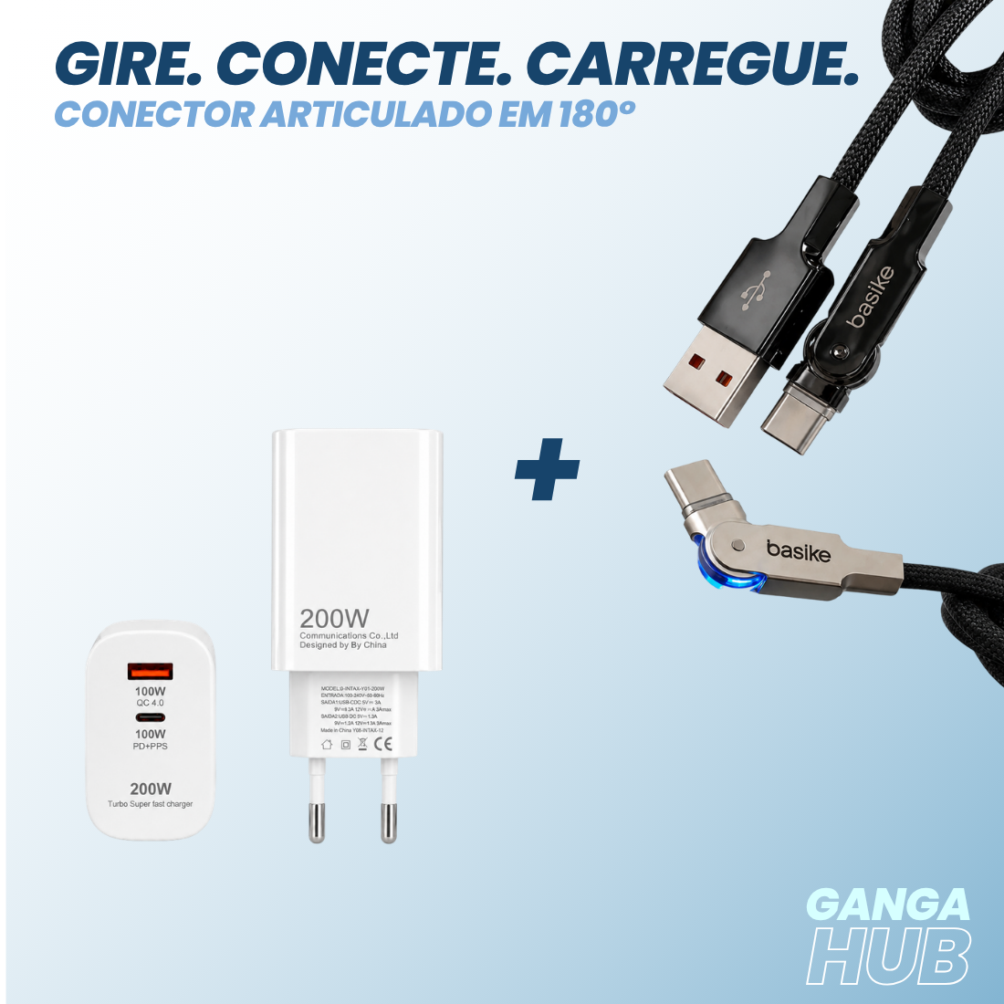 Kit Carregador Turbo 200W + Cabo USB-C 180° Reforçado para Carregamento Rápido