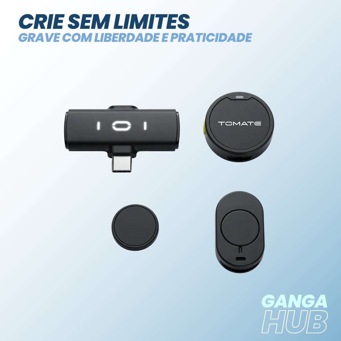 Kit VoicePro – Microfone de Lapela Sem Fio USB-C + Anti-Puff com Suporte de Mão para Gravações, Lives e Vídeos