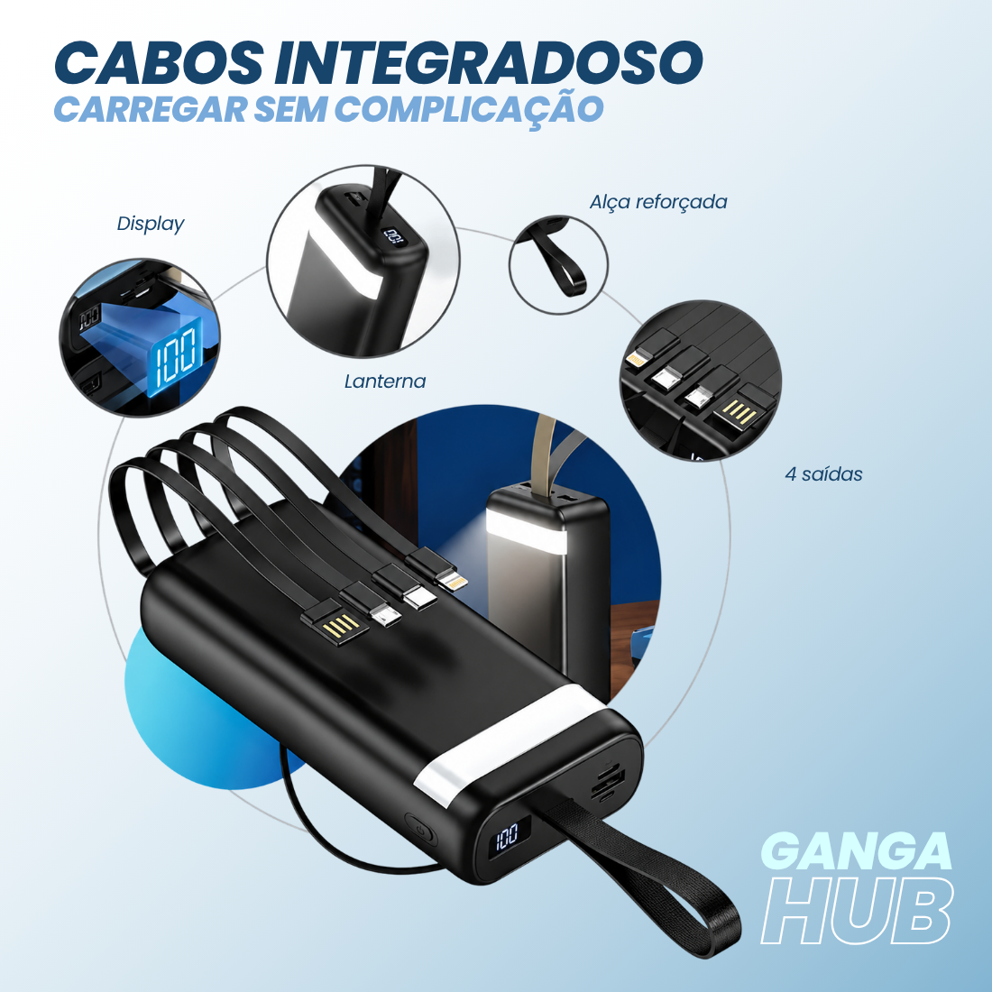POWER BANK 20000MAH CARREGADOR PORTÁTIL UNIVERSAL CARGA RÁPIDA LANTERNA ANDROID IPHONE