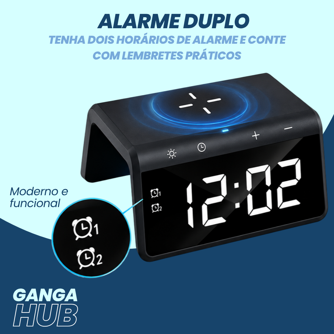 Base Carregador por Indução com Relógio Despertador e Luz RGB