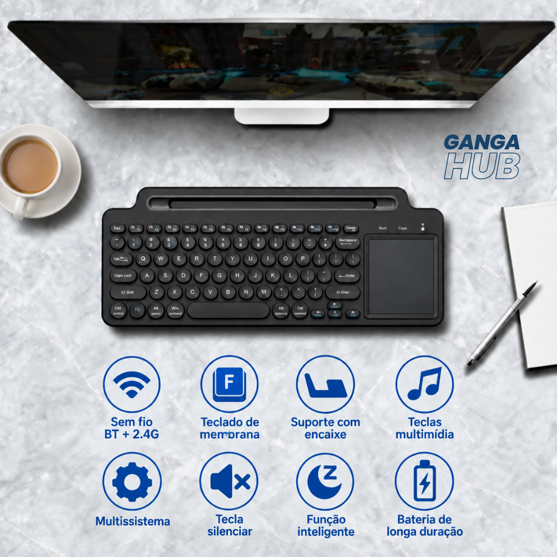 Teclado Ultra-fino sem fio BT 2 4GHz com Touchpad para Tablet PC Celular Notebook