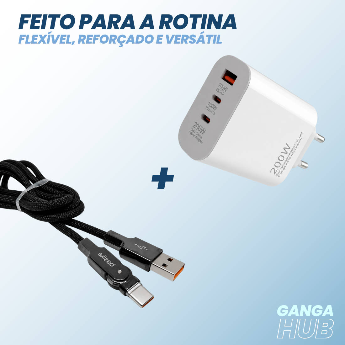 Kit Carregador Turbo 200W + Cabo USB-C 180° Reforçado para Carregamento Rápido