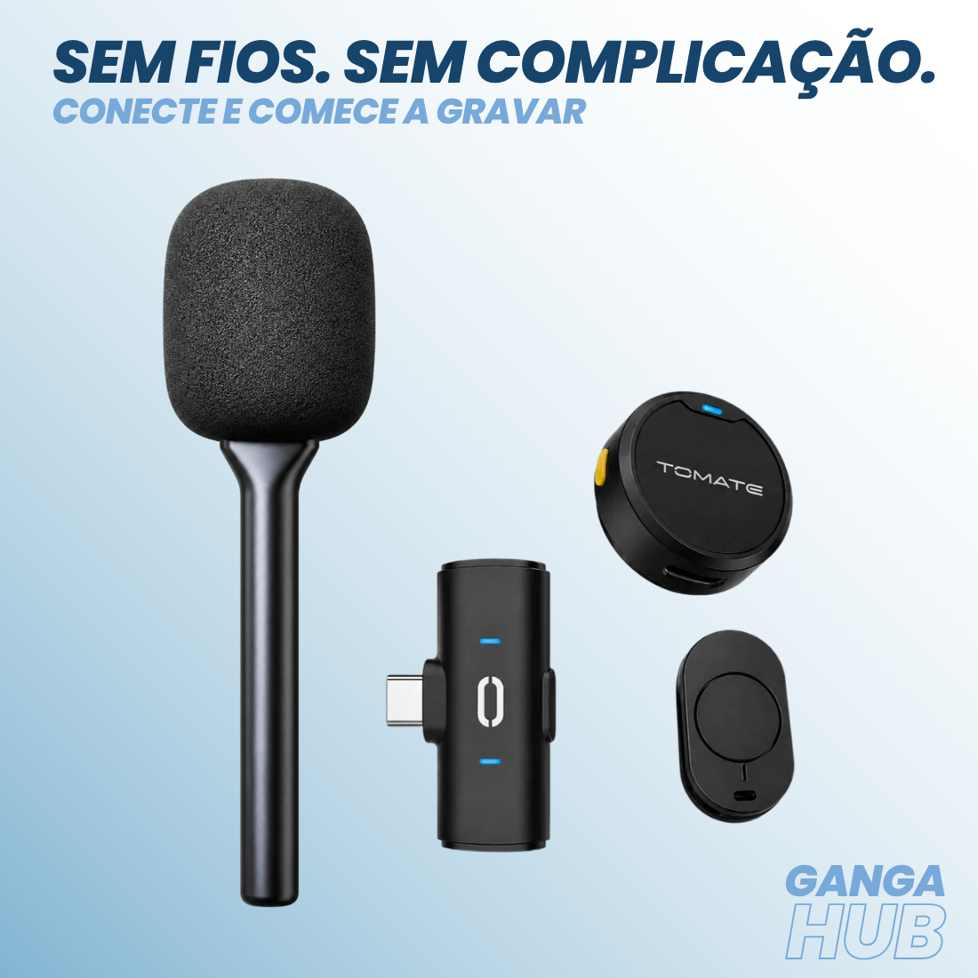 Kit VoicePro – Microfone de Lapela Sem Fio USB-C + Anti-Puff com Suporte de Mão para Gravações, Lives e Vídeos