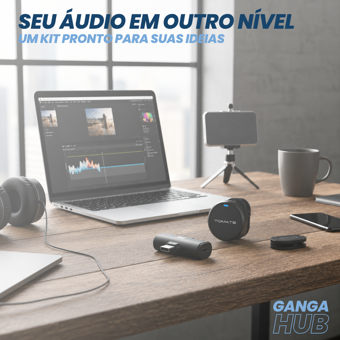 Kit VoicePro – Microfone de Lapela Sem Fio USB-C + Anti-Puff com Suporte de Mão para Gravações, Lives e Vídeos