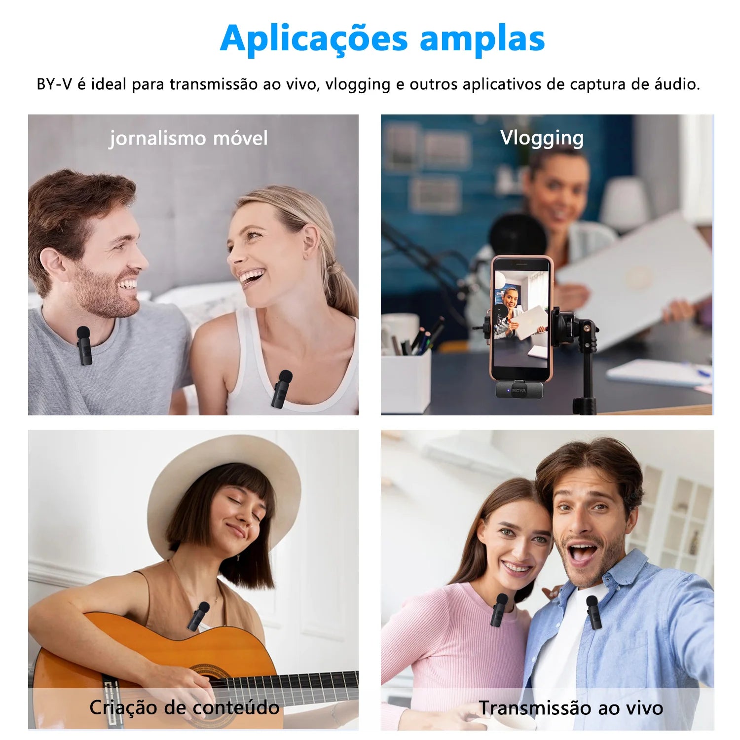 Microfone de lapela sem fio Boya BY-V2 2.4G Digital, compatível com iPhone e iPad, ideal para gravações, entrevistas e podcasts. Design compacto, som profissional e conexão omnidirecional para criadores de conteúdo. Disponível na GangaHub