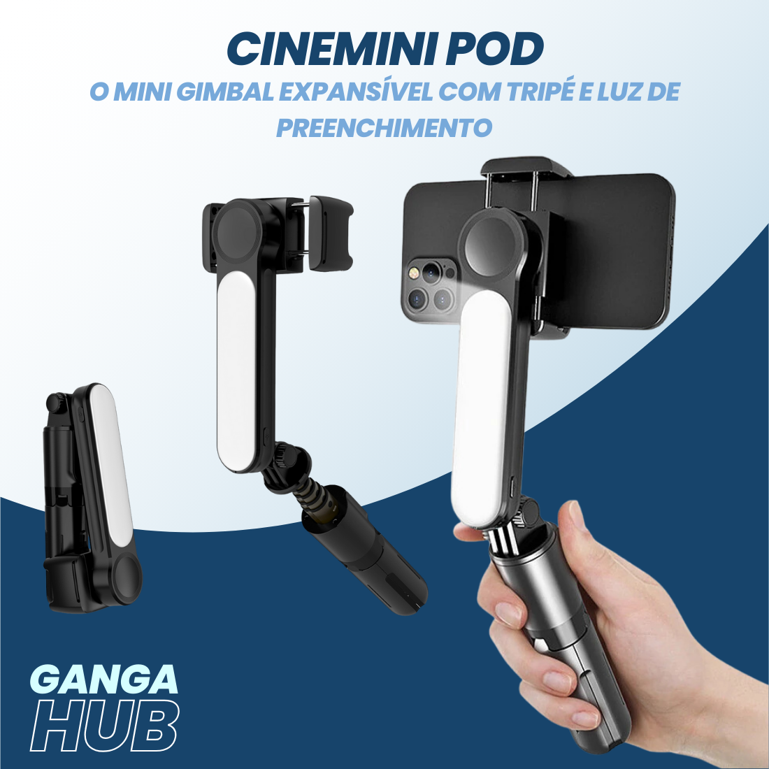 CineMini Pod - O Mini Gimbal Expansível com Tripé e Luz de Preenchimento