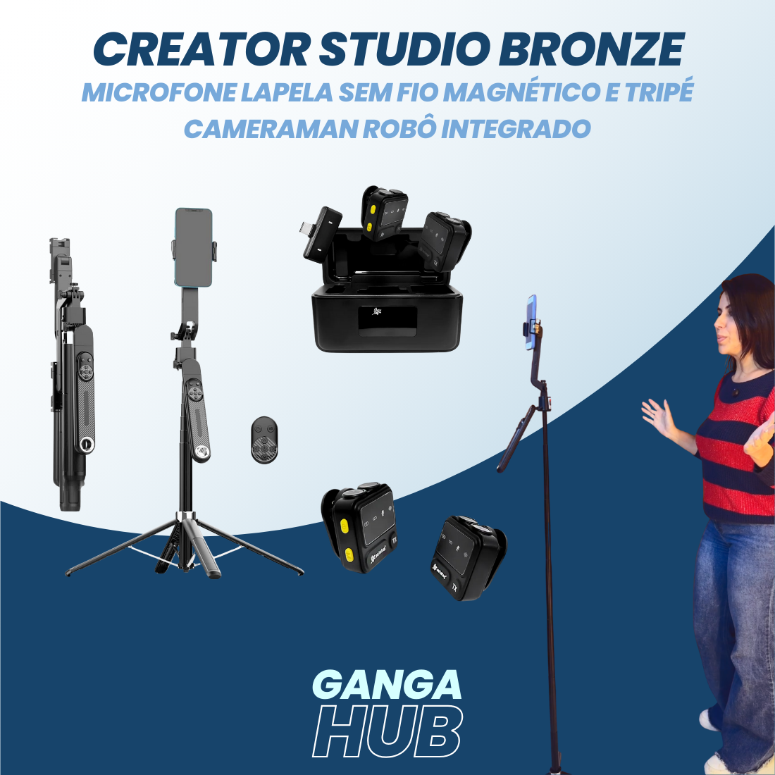 Creator Studio Bronze - Microfone Lapela Sem Fio Magnético e Tripé Cameraman Robô Integrado