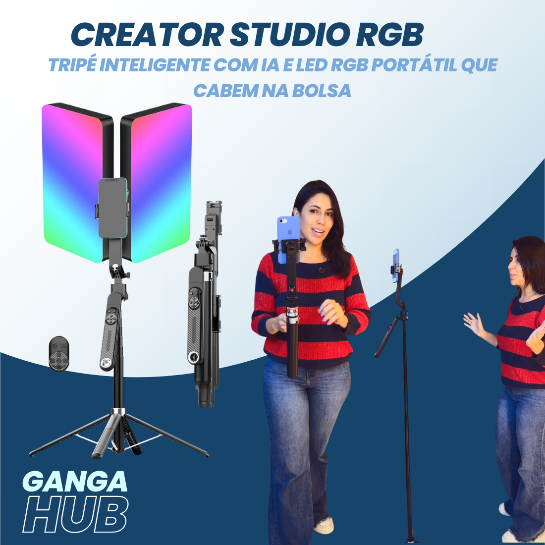 Creator Studio RGB - Tripé Inteligente com IA e Led RGB Portátil que Cabem na Bolsa