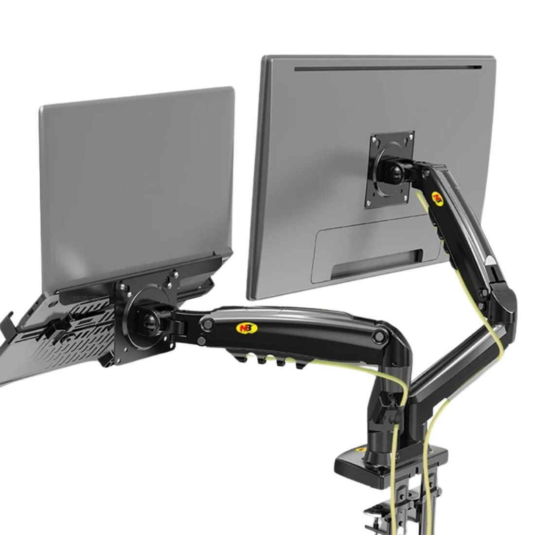 Suporte articulado DualForce Flex para notebook e monitor com pistão a gás, bandeja ajustável e fixação dupla para estações de trabalho ergonômicas.