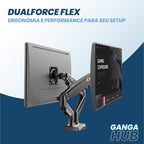 Suporte articulado DualForce Flex para notebook e monitor com pistão a gás, bandeja ajustável e fixação dupla para estações de trabalho ergonômicas.


