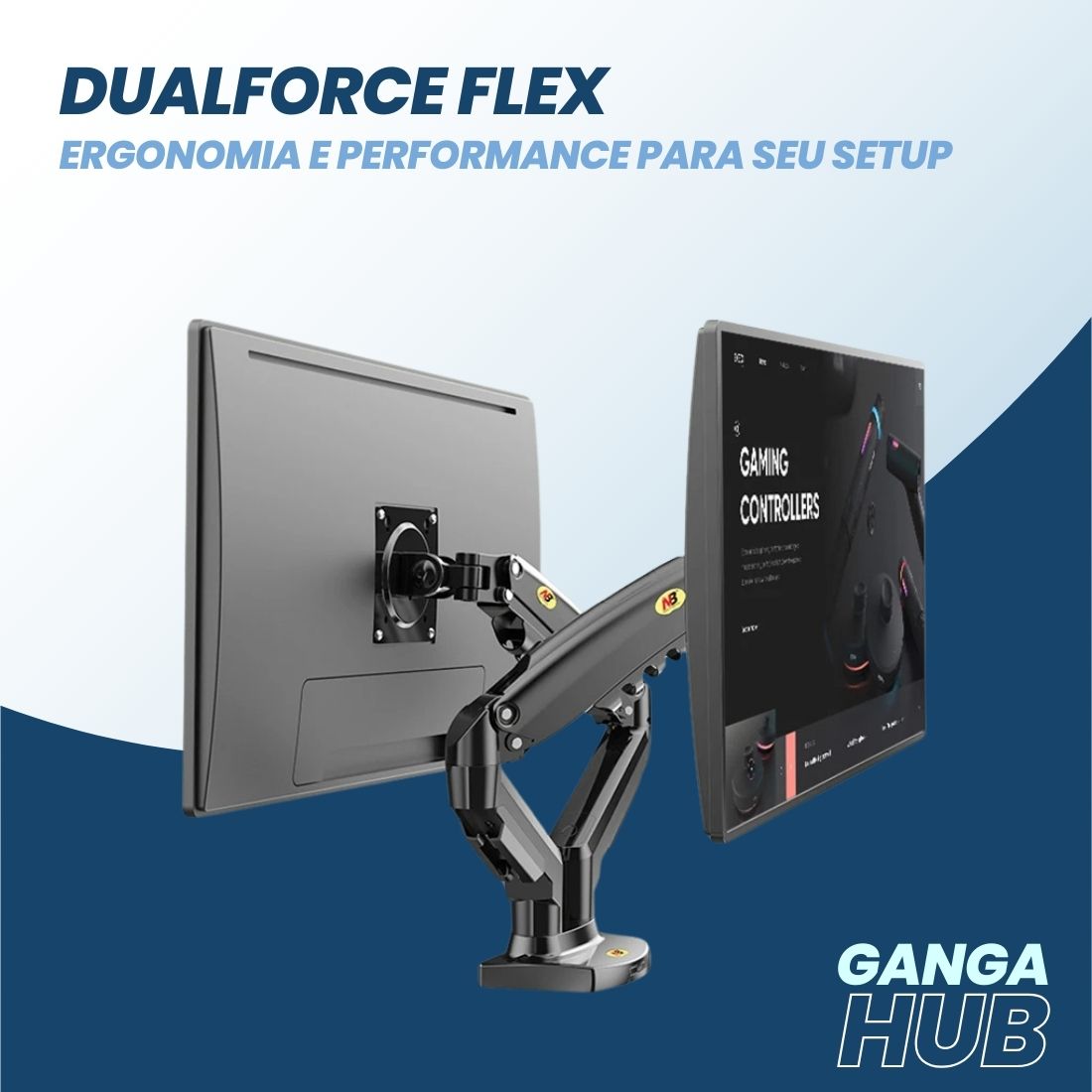 Suporte articulado DualForce Flex para notebook e monitor com pistão a gás, bandeja ajustável e fixação dupla para estações de trabalho ergonômicas.

