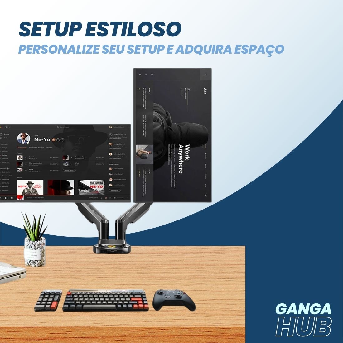Suporte articulado DualForce Flex para notebook e monitor com pistão a gás, bandeja ajustável e fixação dupla para estações de trabalho ergonômicas.