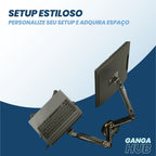 Suporte articulado DualForce Flex para notebook e monitor com pistão a gás, bandeja ajustável e fixação dupla para estações de trabalho ergonômicas.