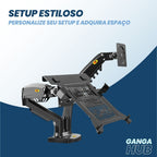 Suporte articulado DualForce Flex para notebook e monitor com pistão a gás, bandeja ajustável e fixação dupla para estações de trabalho ergonômicas.
