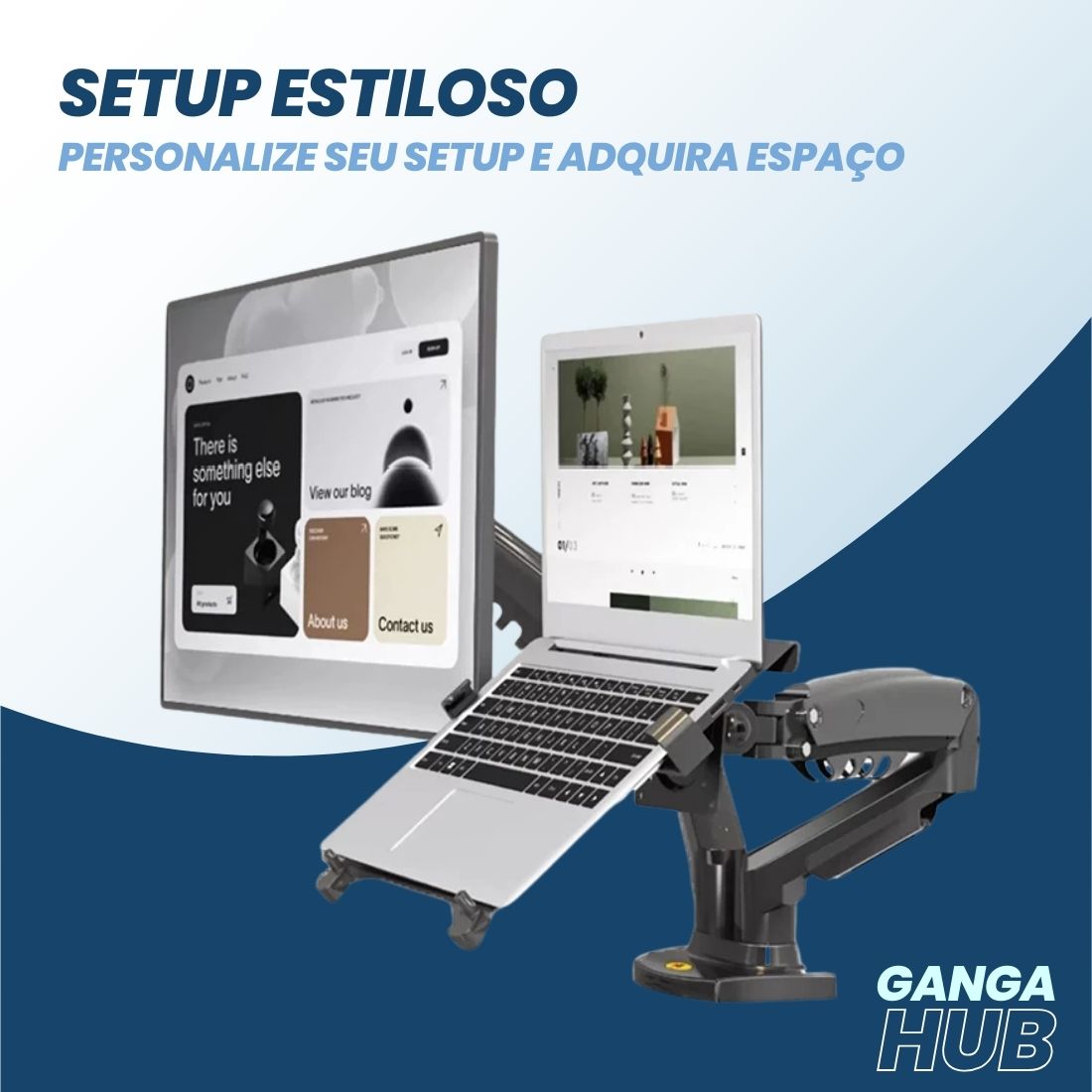 Suporte articulado DualForce Flex para notebook e monitor com pistão a gás, bandeja ajustável e fixação dupla para estações de trabalho ergonômicas.