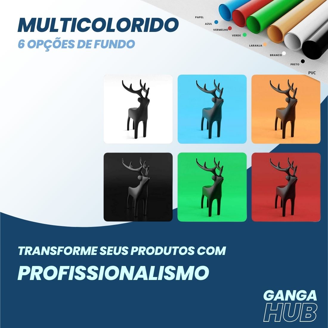 Mini estúdio fotográfico FlashCube Pro dobrável com iluminação LED RGB, fundo branco e aberturas frontal e superior para fotos de produtos pequenos.