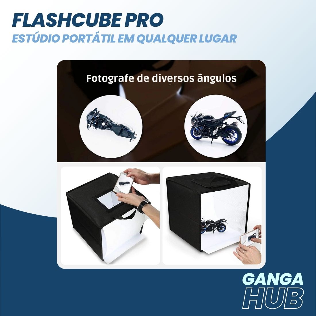 Mini estúdio fotográfico FlashCube Pro dobrável com iluminação LED RGB, fundo branco e aberturas frontal e superior para fotos de produtos pequenos.