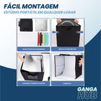 Mini estúdio fotográfico FlashCube Pro dobrável com iluminação LED RGB, fundo branco e aberturas frontal e superior para fotos de produtos pequenos.