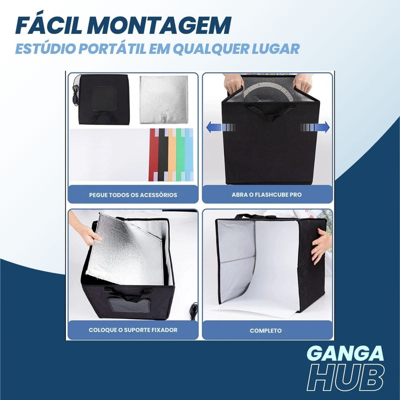 Mini estúdio fotográfico FlashCube Pro dobrável com iluminação LED RGB, fundo branco e aberturas frontal e superior para fotos de produtos pequenos.