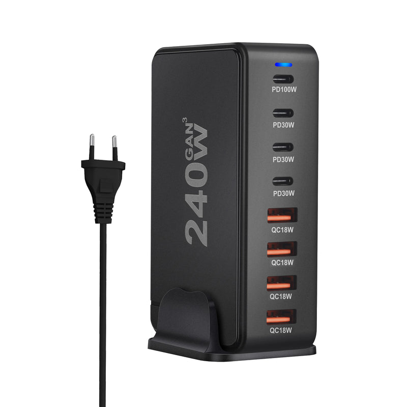 magem do GaN Pro - Hub de Carga Rápida 8 em 1 com Carregador USB-C 240W, apresentando tecnologia GaN para eficiência energética superior. Ideal para carregar laptops, smartphones e tablets com portas USB-C PD e QC3.0. Carregador de alta capacidade para multitasking, disponível na Gangahub. Se destaca pela versatilidade e potência, fornecendo carga rápida e segura para múltiplos dispositivos.