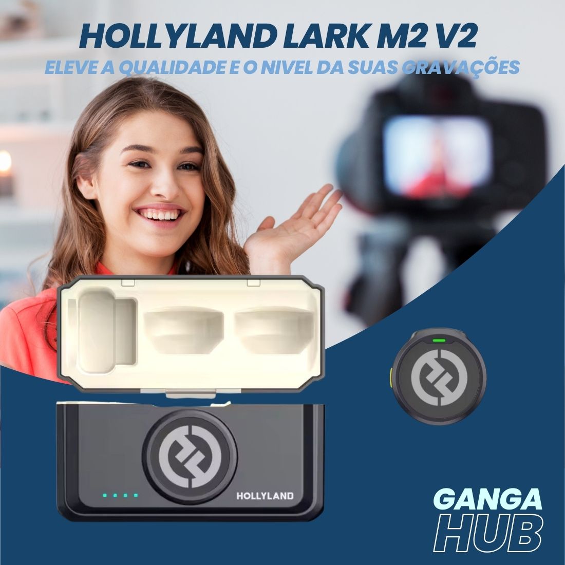 "Microfone de Lapela Sem Fio Hollyland Lark M2 Combo, Eleve a Qualidade das Suas Gravações, 2,4 GHz, Disponível na Gangahub"
