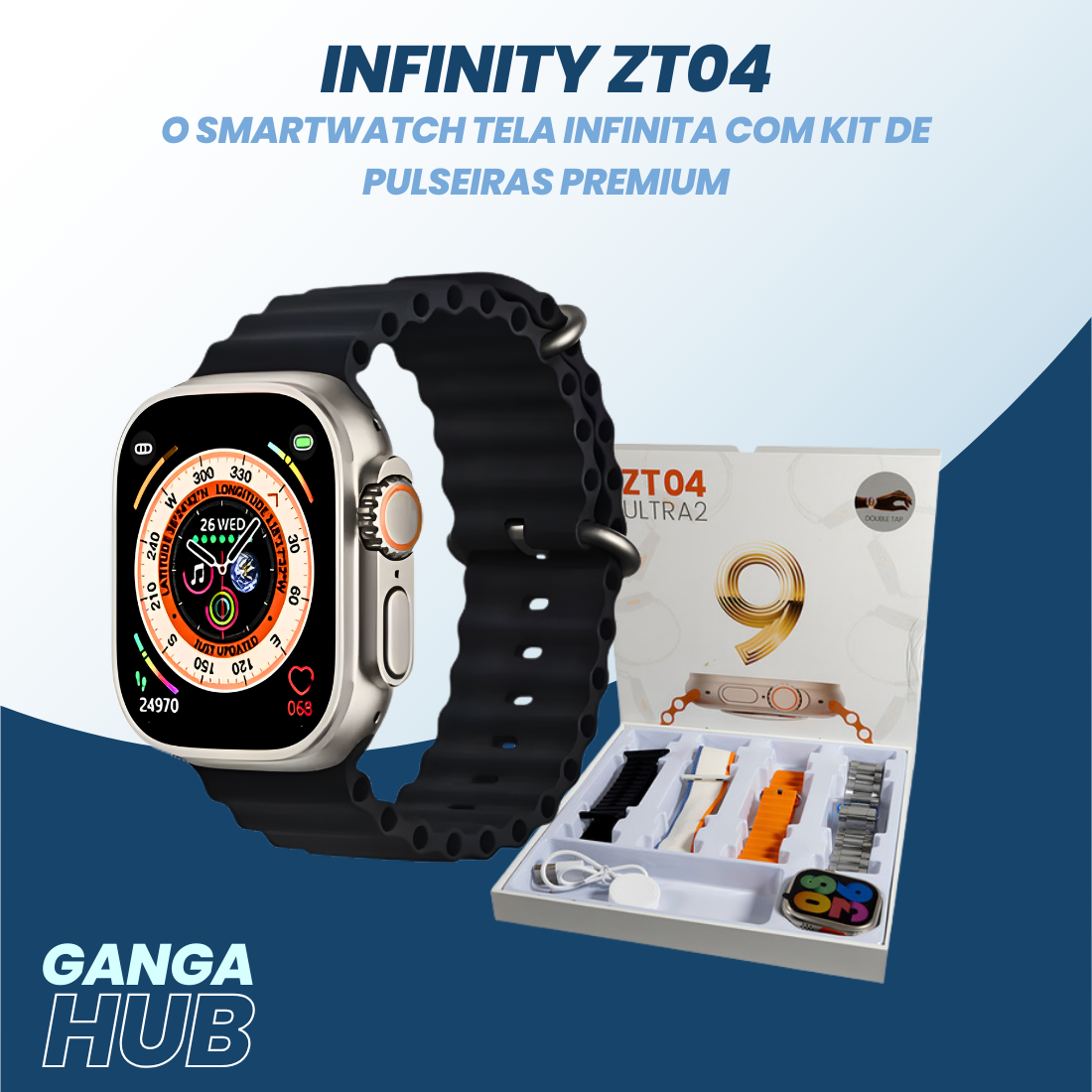 Smartwatch Tela Infinita 49mm Infinity ZT04 Com Kit 4 Pulseiras