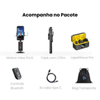 Kit Engaja Pro - Gold: Inclui suporte com rastreamento facial automático, um tripé portátil ajustável, e o microfone de lapela LapelWave Pro. Kit ideal para criadores de conteúdo alinhados com qualidade superior. ganga hub