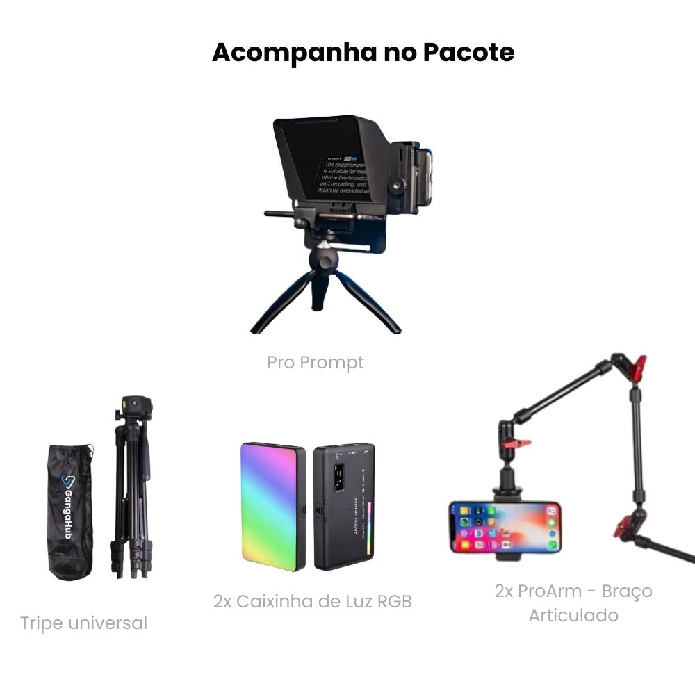 O Kit ROI Expert é perfeito para criadores de conteúdo e empresários que desejam fazer vídeos com qualidade profissional. Inclui teleprompter, microfone de lapela, espelhamento de celular e mais.