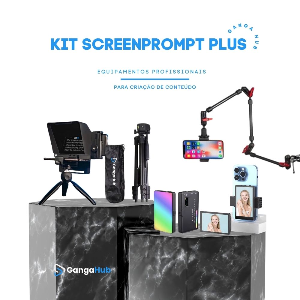 O Kit ROI Expert é perfeito para criadores de conteúdo e empresários que desejam fazer vídeos com qualidade profissional. Inclui teleprompter, microfone de lapela, espelhamento de celular e mais.