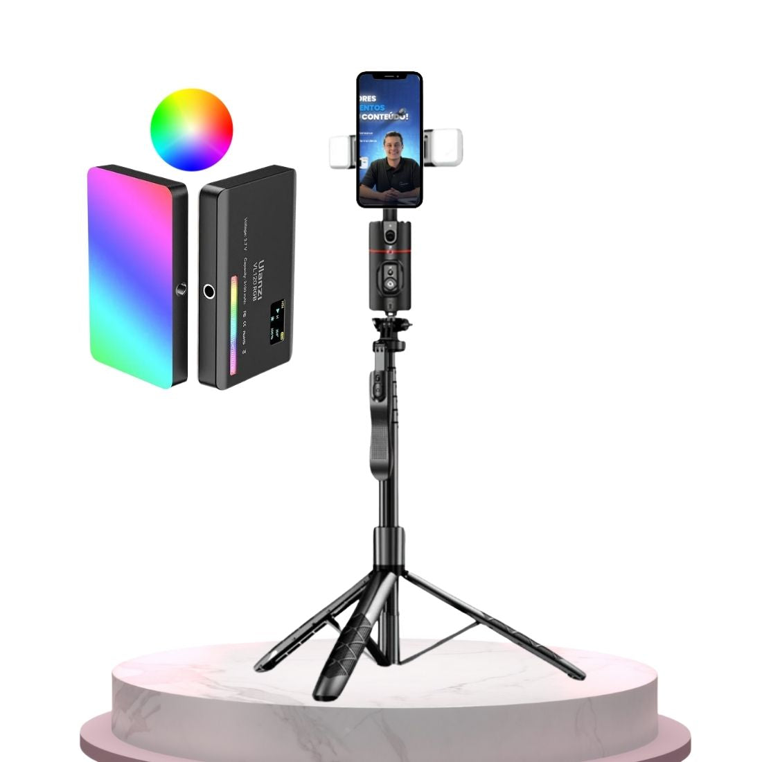 O Kit Engaja Pro - Bronze combina suporte inovador com rastreamento facial e tripé portátil para criadores em ascensão. Aprimore sua produção digital com facilidade e inovação.