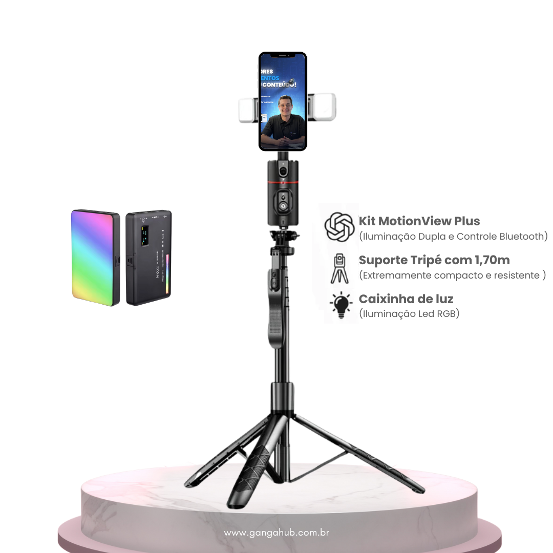  Kit Engaja Pro - Cristal: inclui suporte avançado com rastreamento facial automático, tripé portátil ajustável, e luz LED RGB Andoer multifuncional. Kit completo para melhorias visuais e criativas.ganga hub 