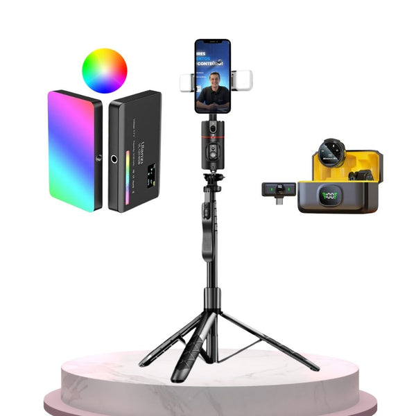 O Kit Engaja Pro - Bronze combina suporte inovador com rastreamento facial e tripé portátil para criadores em ascensão. Aprimore sua produção digital com facilidade e inovação.