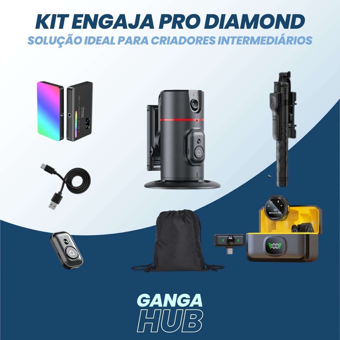 O Kit Engaja Pro - Bronze combina suporte inovador com rastreamento facial e tripé portátil para criadores em ascensão. Aprimore sua produção digital com facilidade e inovação.